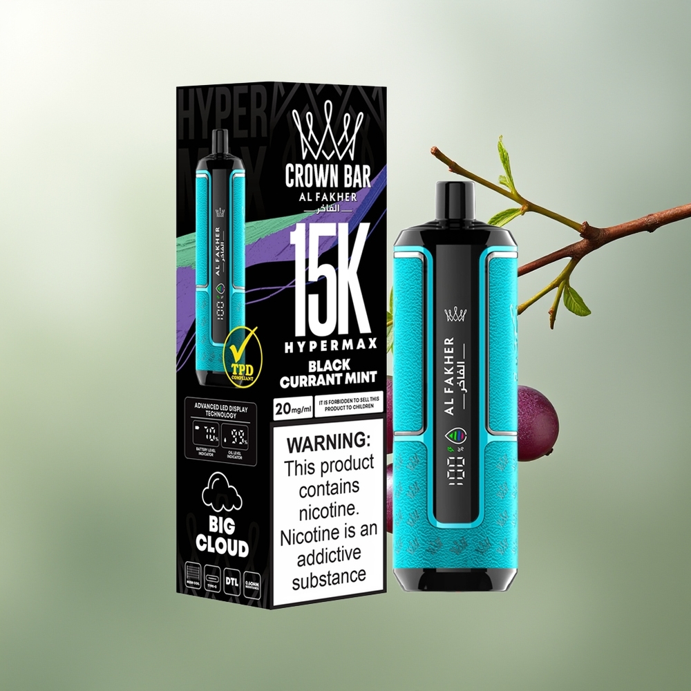 Wholesale Pakistan Al Fakher Crown Bar 15K Hypermax Disposable Vape Kit Blackcurrant Mint 6mg/ml Nicotine