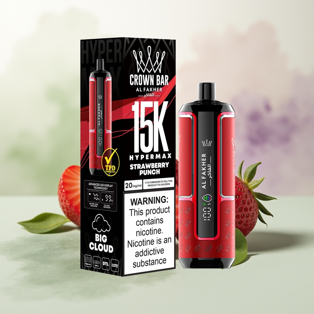 Wholesale Pakistan Al Fakher Crown Bar 15K Hypermax Disposable Vape Kit Strawberry Punch 6mg/ml Nicotine