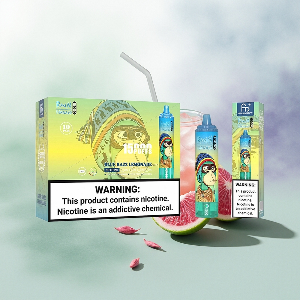 Wholesale Pakistan RandM Fumot Tornado 15000 Puffs Disposable Vape Blue Razz Lemonade 0%,2%,3%,5% Nicotine Contain